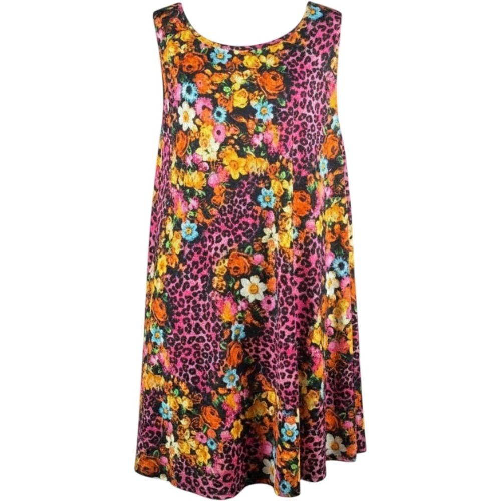 Now N Forever Womens 1X Floral Leopard Print Sleeveless Swing Dress Keyhole Back
